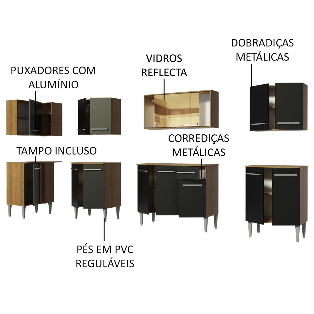 Armário de Cozinha Completa de Canto 357cm Rustic/Preto Emilly Mega Madesa 03 - Image 4