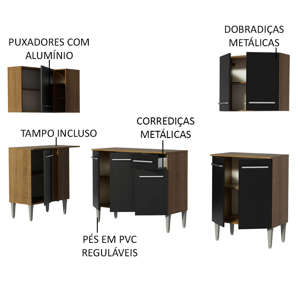 Armário de Cozinha Completa de Canto 293cm Rustic/Preto Emilly Open Madesa 01 - Image 4