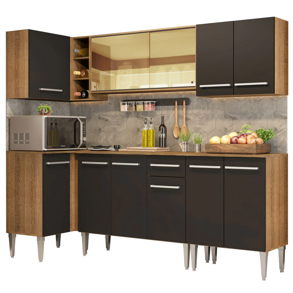 Armário de Cozinha Completa de Canto 293cm Rustic/Preto Emilly Play Madesa 04 - Image 2