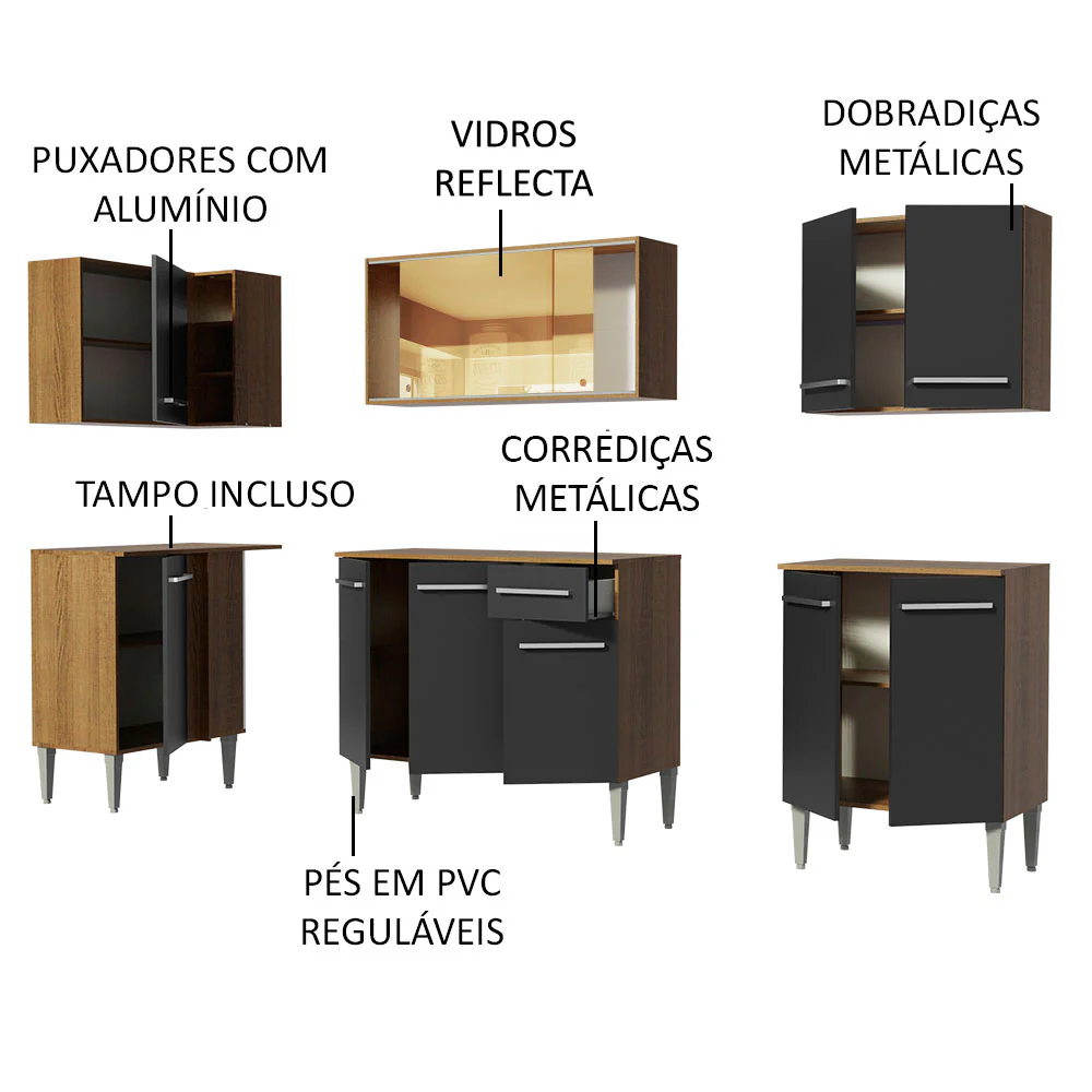 Armário de Cozinha Completa de Canto 293cm Rustic/Preto Emilly Play Madesa 04 - Image 4