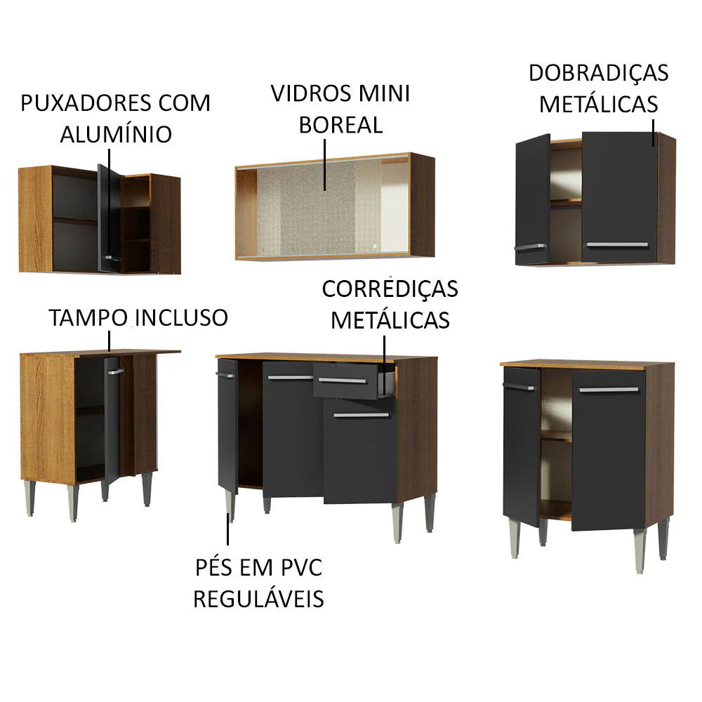 Armário de Cozinha Completa de Canto 293cm Rustic/Preto Emilly Point Madesa 03 - Image 4