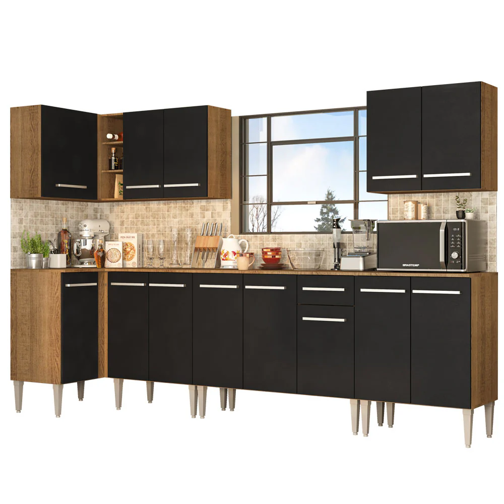 Armário de Cozinha Completa de Canto 357cm Rustic/Preto Emilly Rock Madesa 01 - Image 2