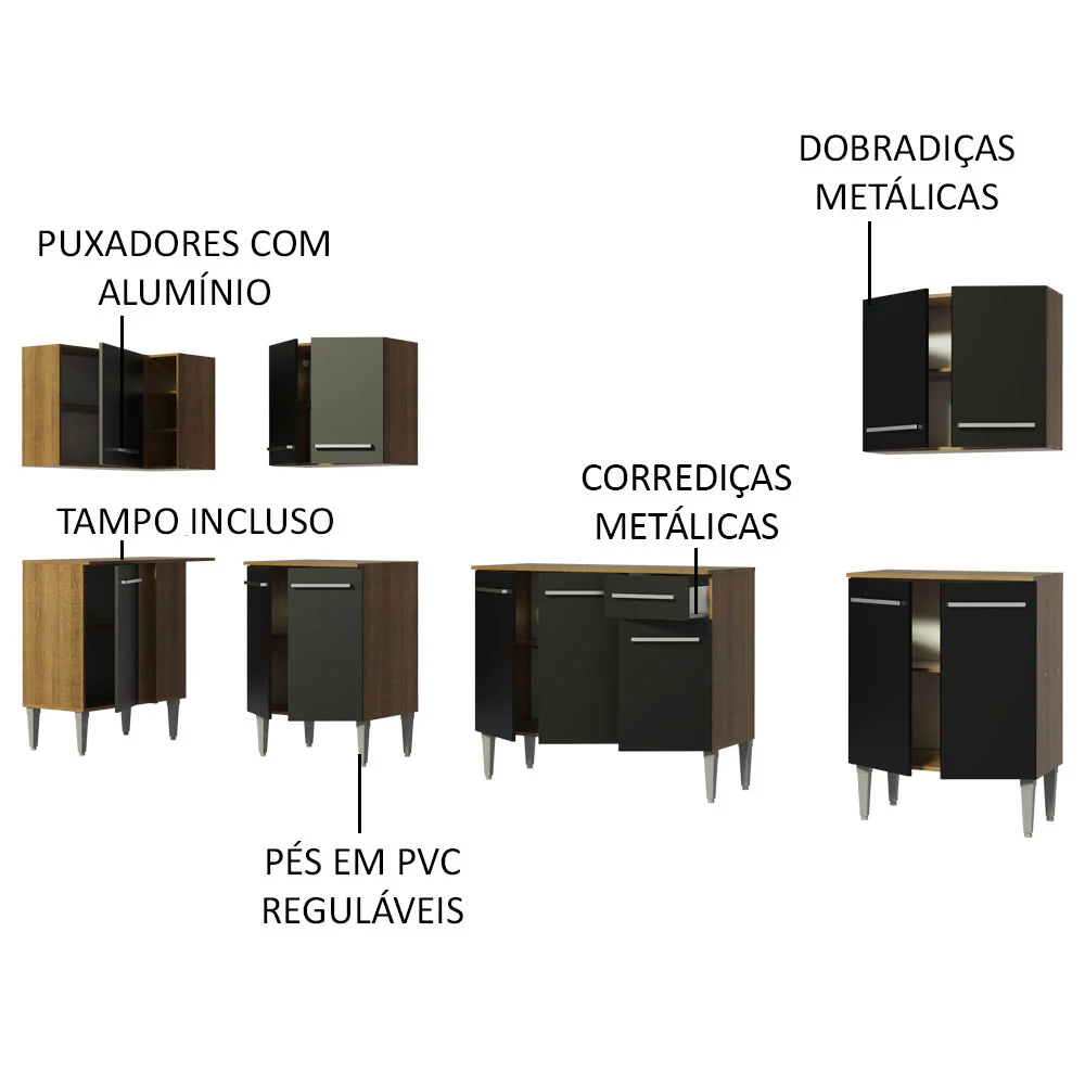 Armário de Cozinha Completa de Canto 357cm Rustic/Preto Emilly Rock Madesa 01 - Image 4