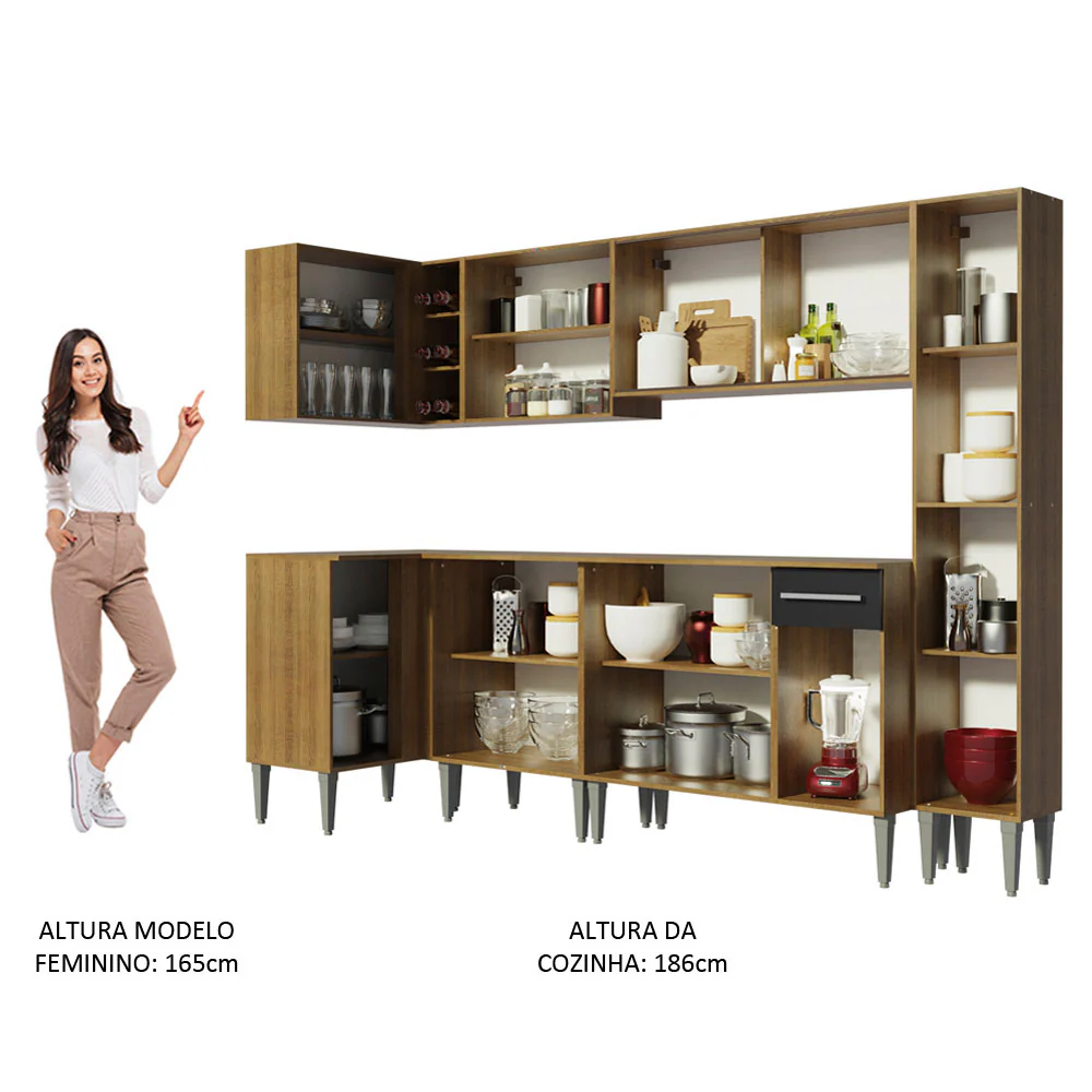 Armário de Cozinha Completa de Canto 325cm Rustic/Preto Emilly Space Madesa 03 - Image 5