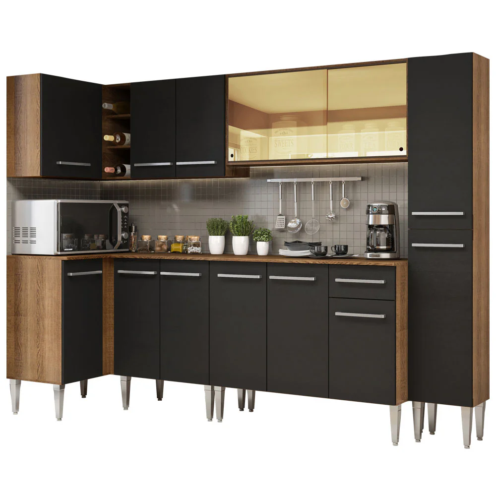 Armário de Cozinha Completa de Canto 325cm Rustic/Preto Emilly Wave Madesa 04 - Image 2