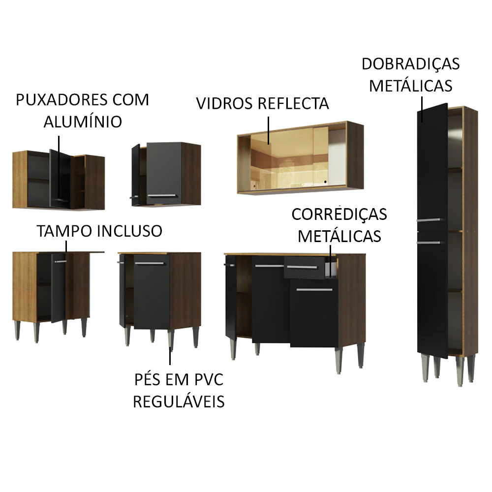 Armário de Cozinha Completa de Canto 325cm Rustic/Preto Emilly Wave Madesa 04 - Image 4