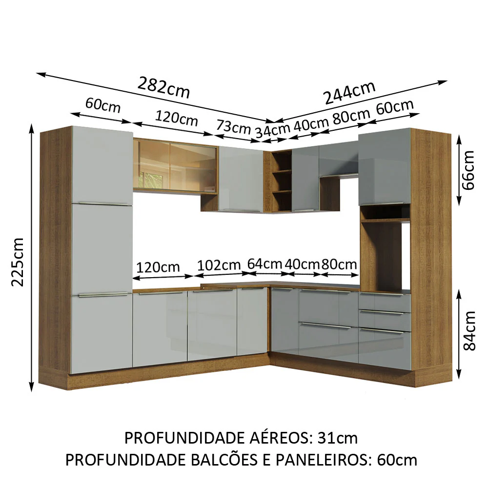Armário de Cozinha Completa de Canto 526 x 60 cm Rustic/Cinza Lux Madesa 01 - Image 3