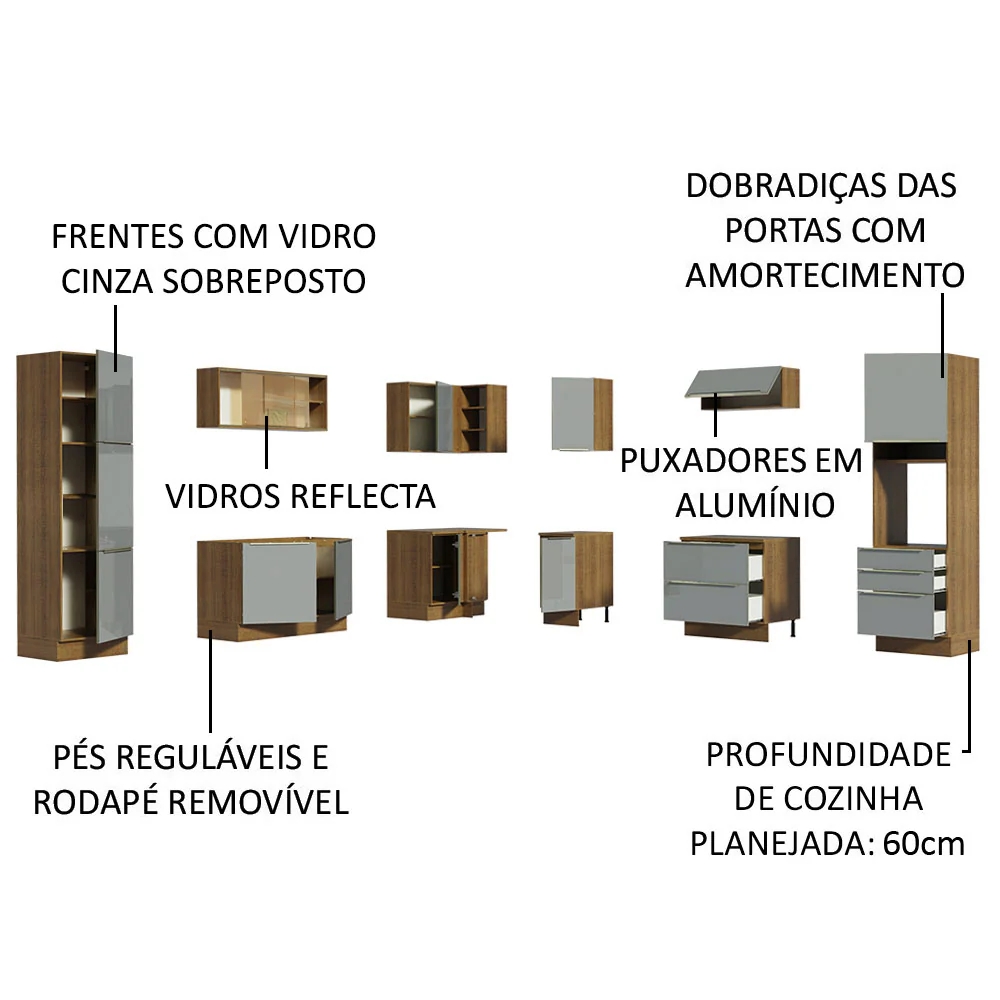 Armário de Cozinha Completa de Canto 526 x 60 cm Rustic/Cinza Lux Madesa 01 - Image 4