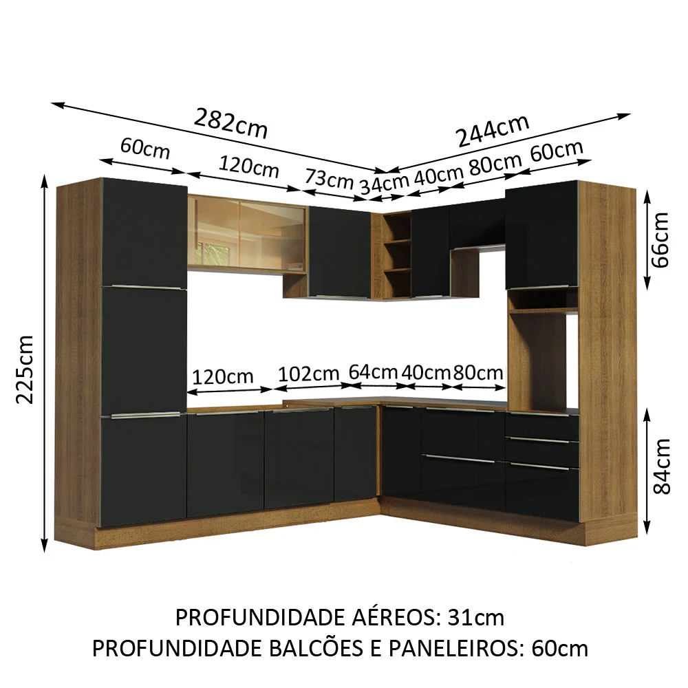 Armário de Cozinha Completa de Canto 526 x 60 cm Rustic/Preto Lux Madesa 01 - Image 3