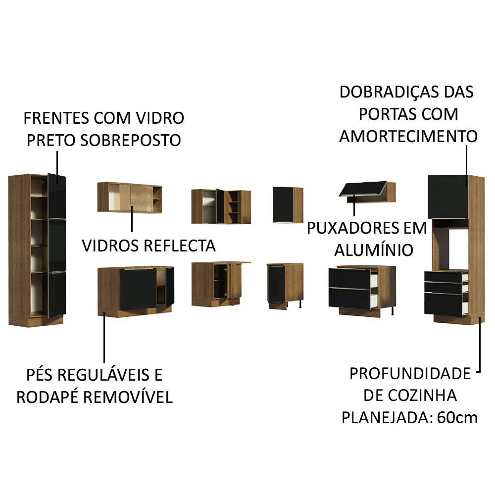 Armário de Cozinha Completa de Canto 526 x 60 cm Rustic/Preto Lux Madesa 01 - Image 4