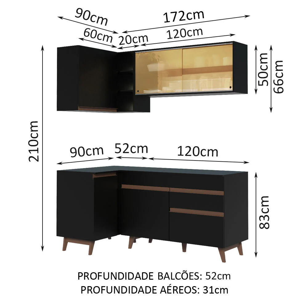 Armário de Cozinha Completa de Canto 262cm Preto Reims Madesa 01 - Image 3