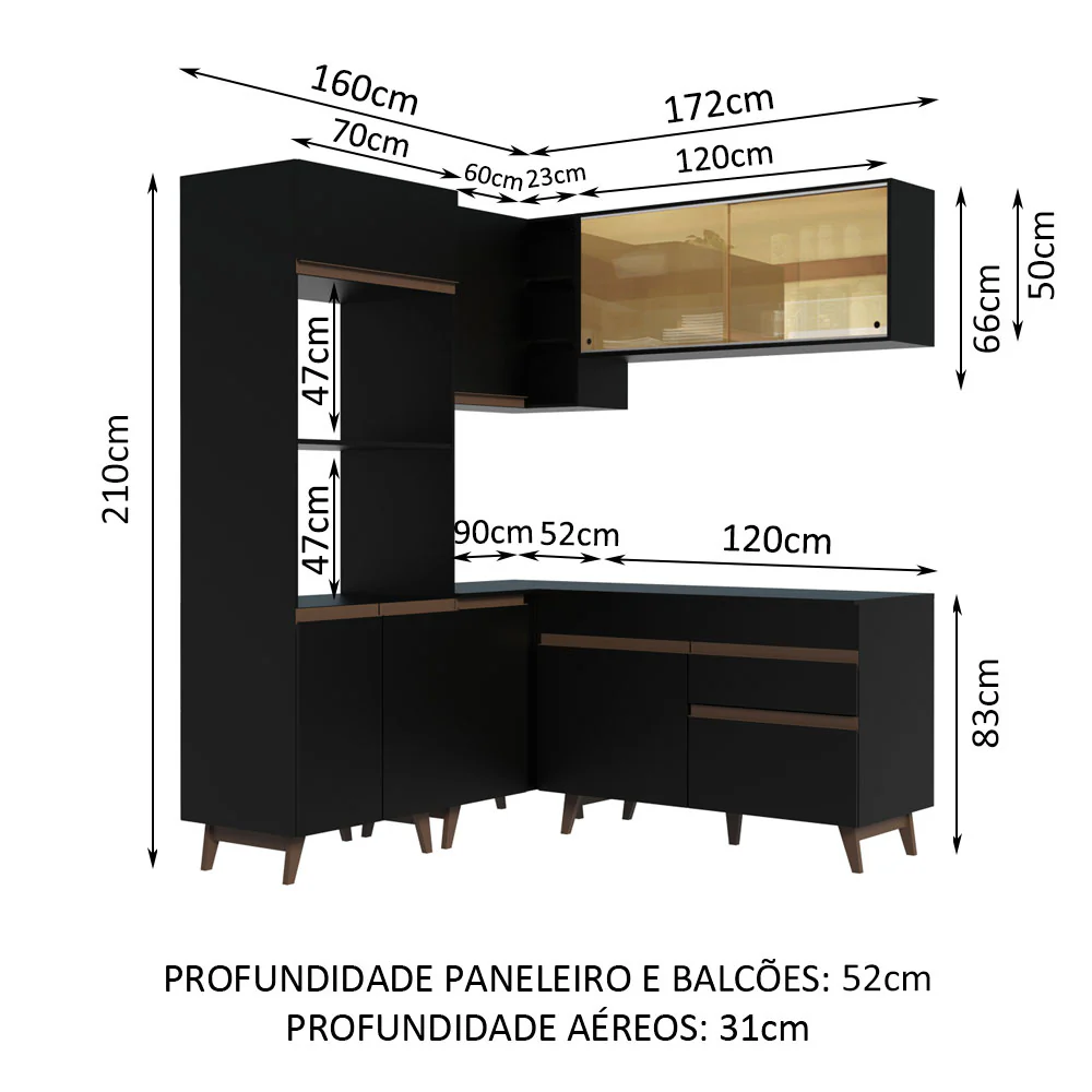 Armário de Cozinha Completa de Canto 332cm Preto Reims Madesa 01 - Image 3