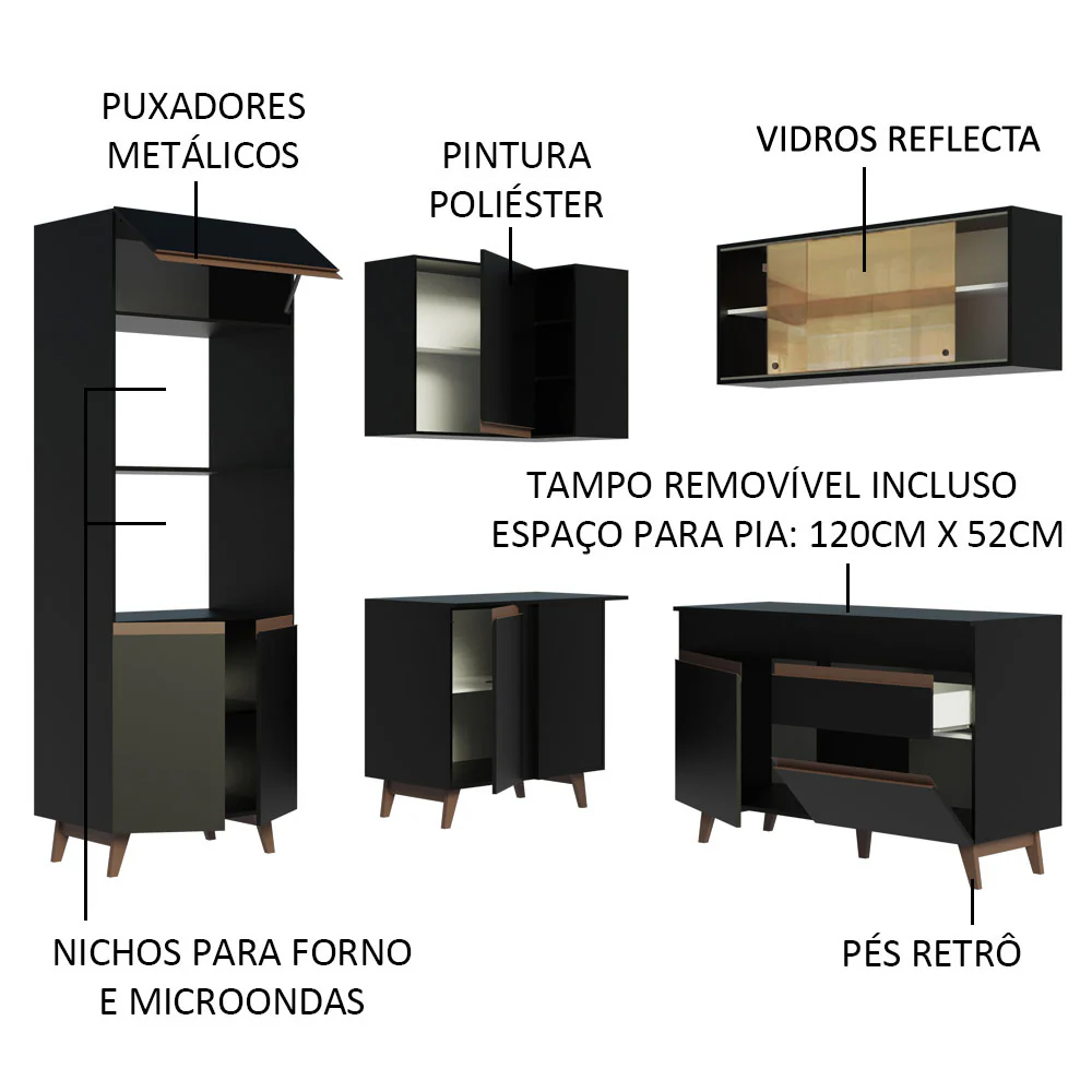 Armário de Cozinha Completa de Canto 332cm Preto Reims Madesa 01 - Image 4