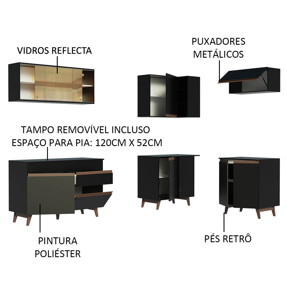 Armário de Cozinha Completa de Canto 332cm Preto Reims Madesa 02 - Image 4