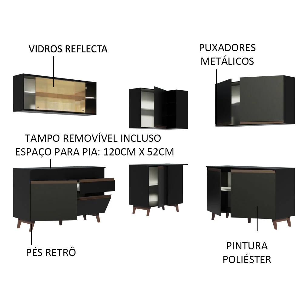 Armário de Cozinha Completa de Canto 382cm Preto Reims Madesa 01 - Image 4