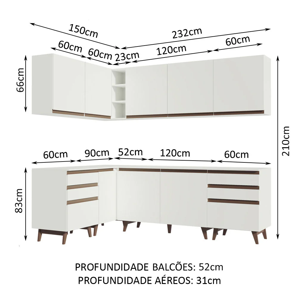 Armário de Cozinha Completa de Canto 382cm Branco Reims Madesa 02 - Image 3