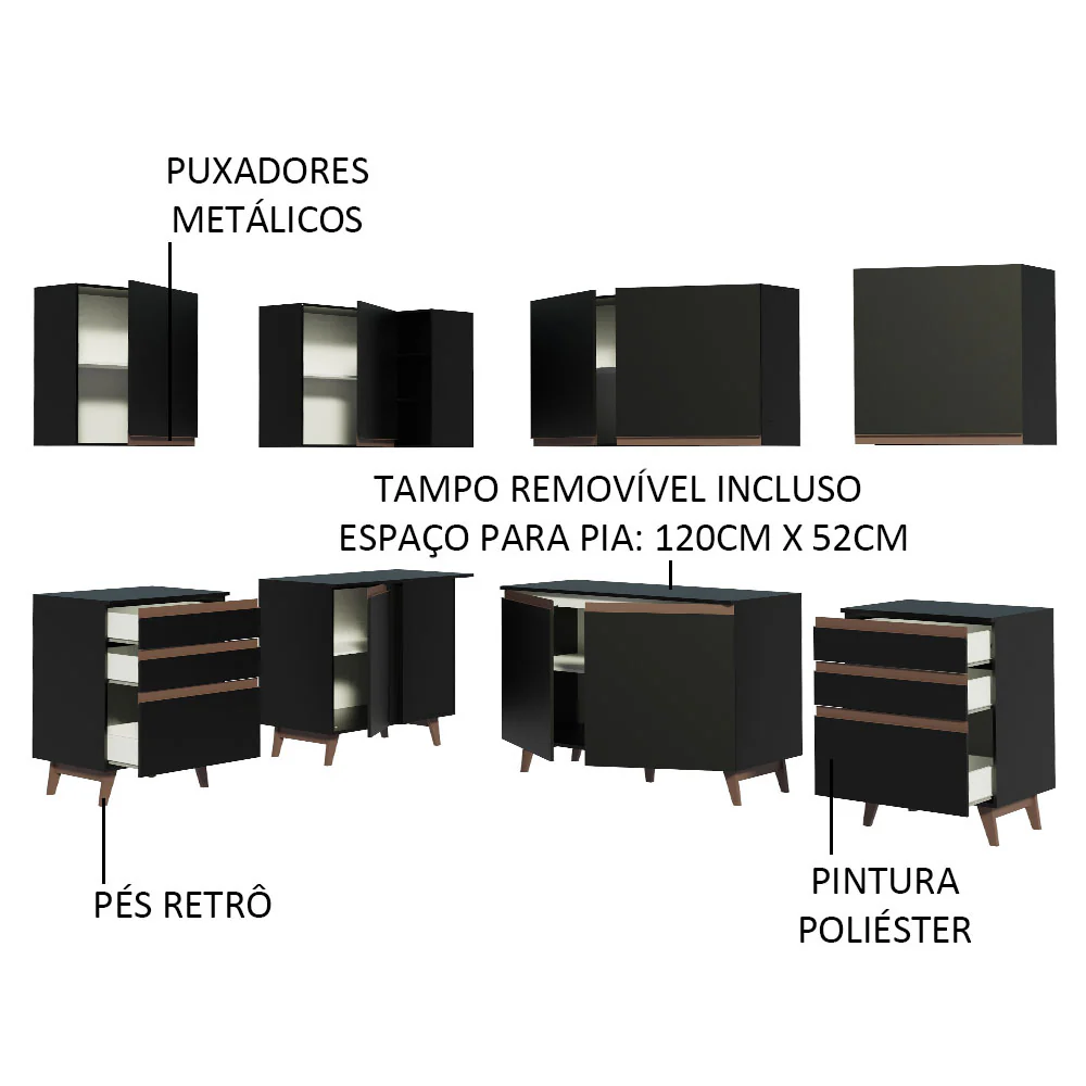 Armário de Cozinha Completa de Canto 382cm Preto Reims Madesa 02 - Image 4