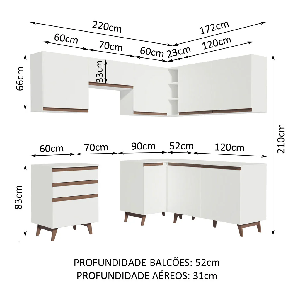 Armário de Cozinha Completa de Canto 392cm Branco Reims Madesa 01 - Image 3