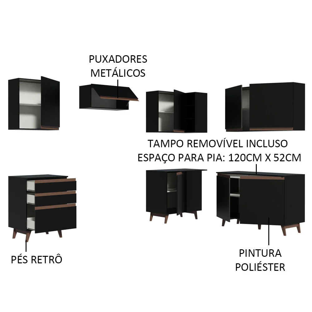 Armário de Cozinha Completa de Canto 392cm Preto Reims Madesa 01 - Image 4