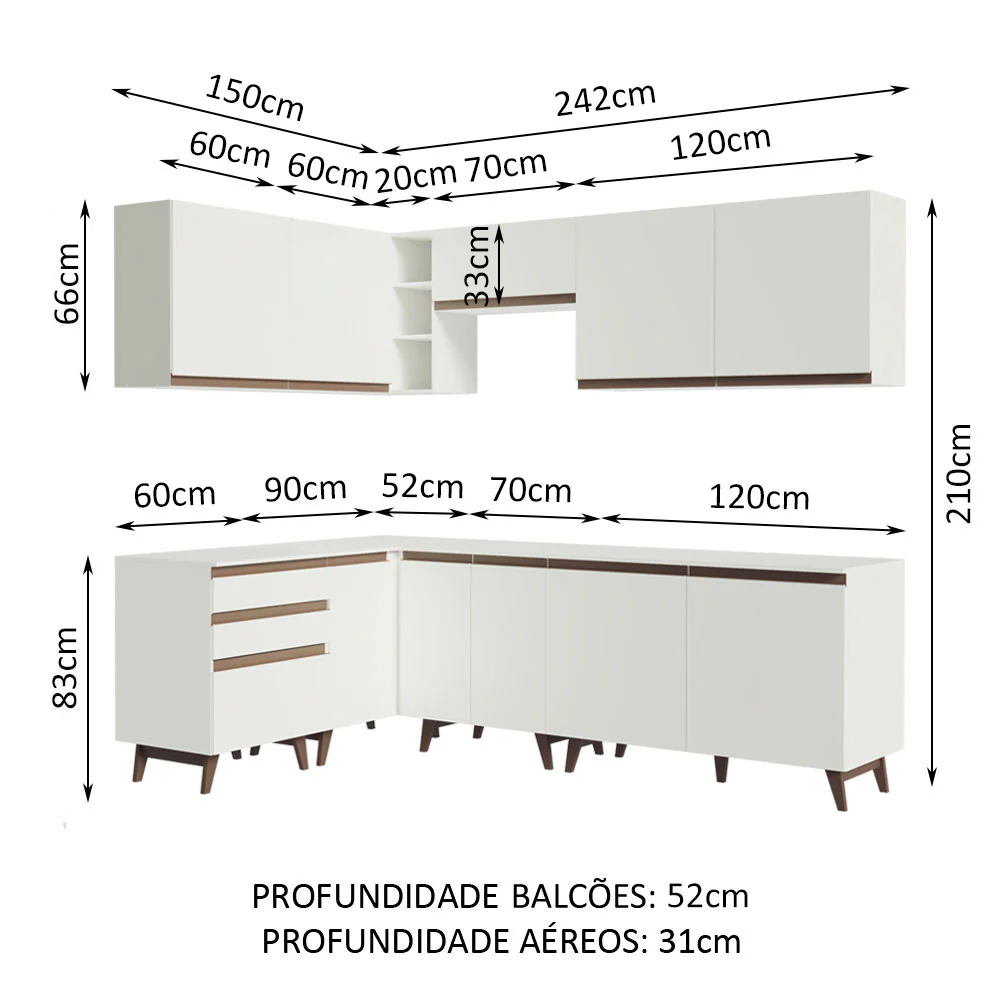 Armário de Cozinha Completa de Canto 392cm Branco Reims Madesa 02 - Image 3