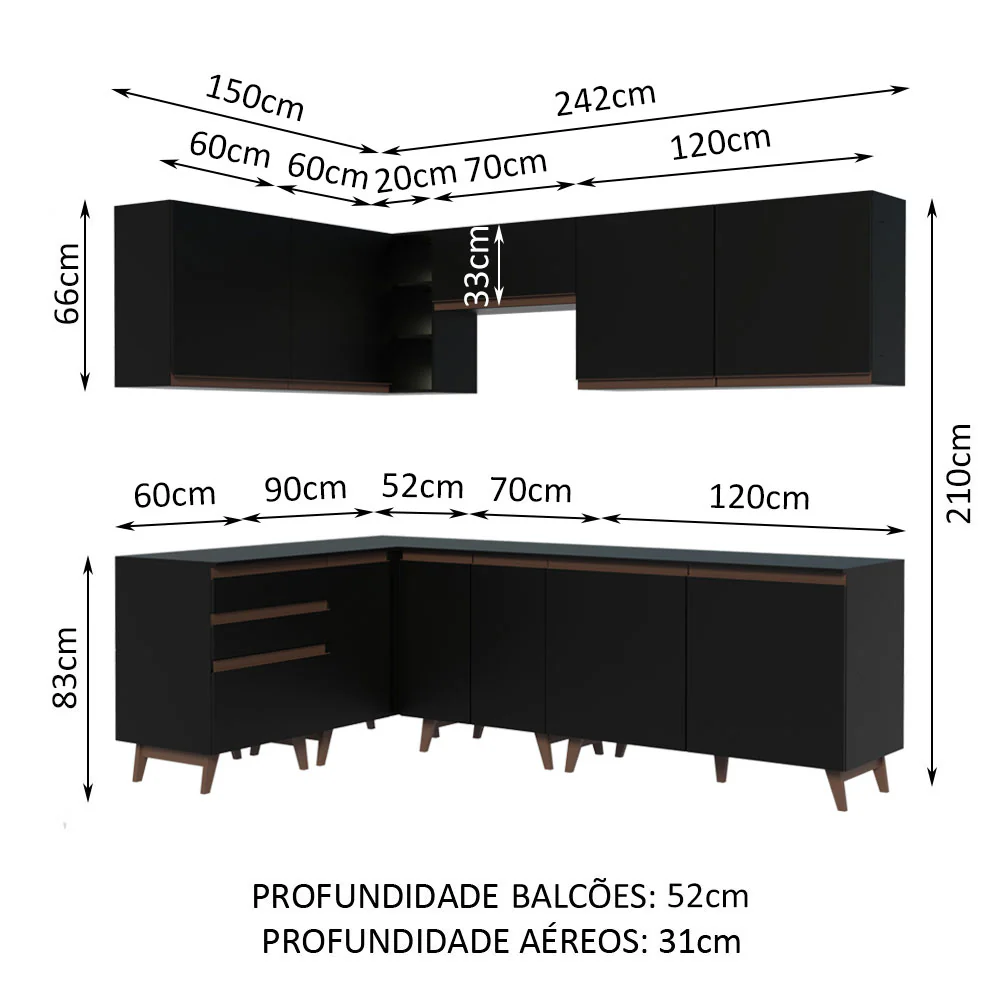 Armário de Cozinha Completa de Canto 392cm Preto Reims Madesa 02 - Image 3
