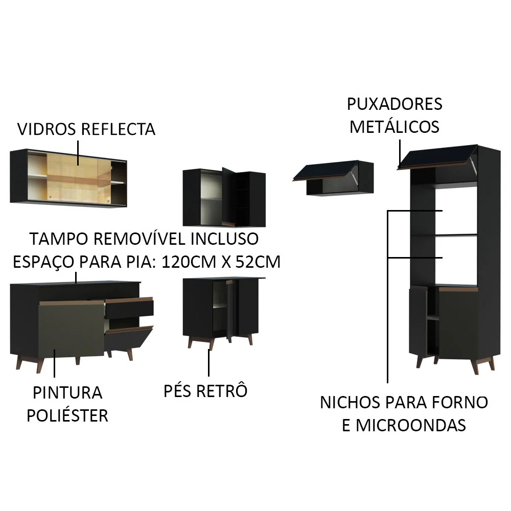 Armário de Cozinha Completa de Canto 402cm Preto Reims Madesa 02 - Image 4