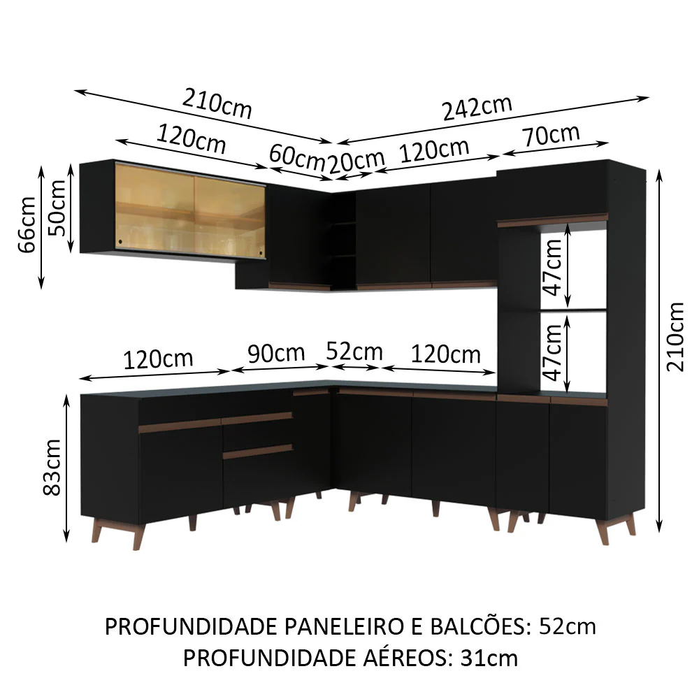 Armário de Cozinha Completa de Canto 452cm Preto Reims Madesa 01 - Image 3