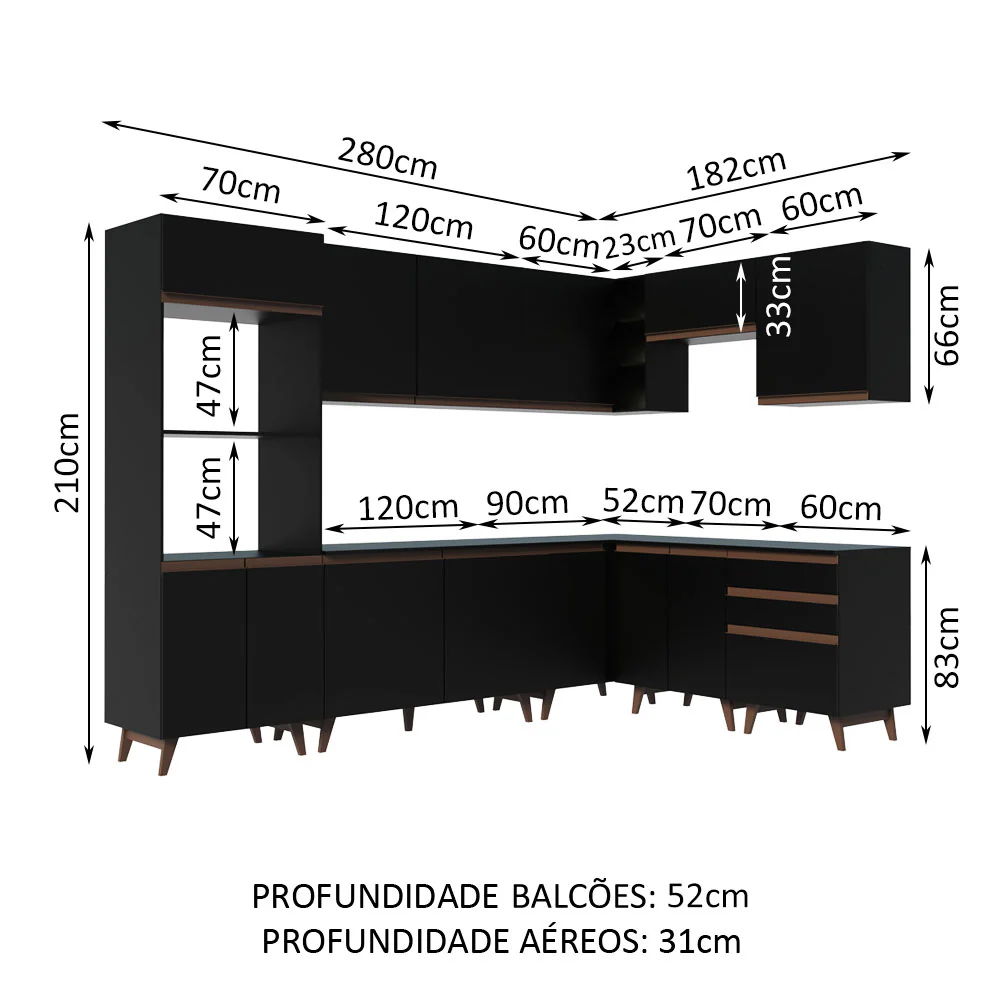 Armário de Cozinha Completa de Canto 462cm Preto Reims Madesa 01 - Image 3