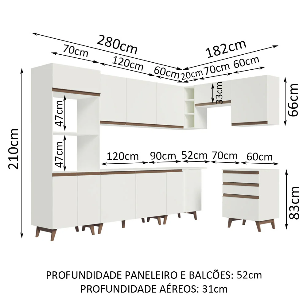 Armário de Cozinha Completa de Canto 462cm Branco Reims Madesa 02 - Image 3