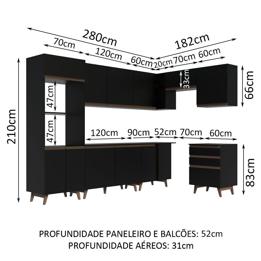 Armário de Cozinha Completa de Canto 462cm Preto Reims Madesa 02 - Image 3