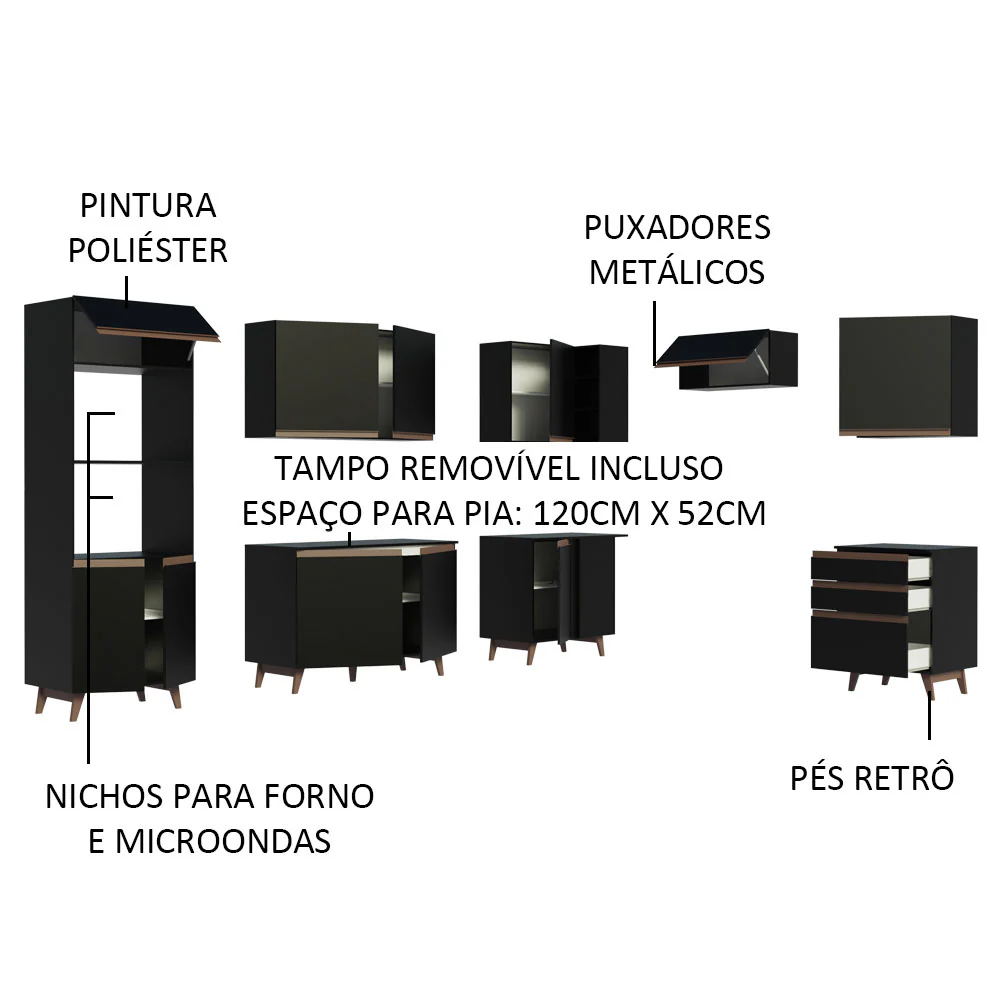 Armário de Cozinha Completa de Canto 462cm Preto Reims Madesa 02 - Image 4