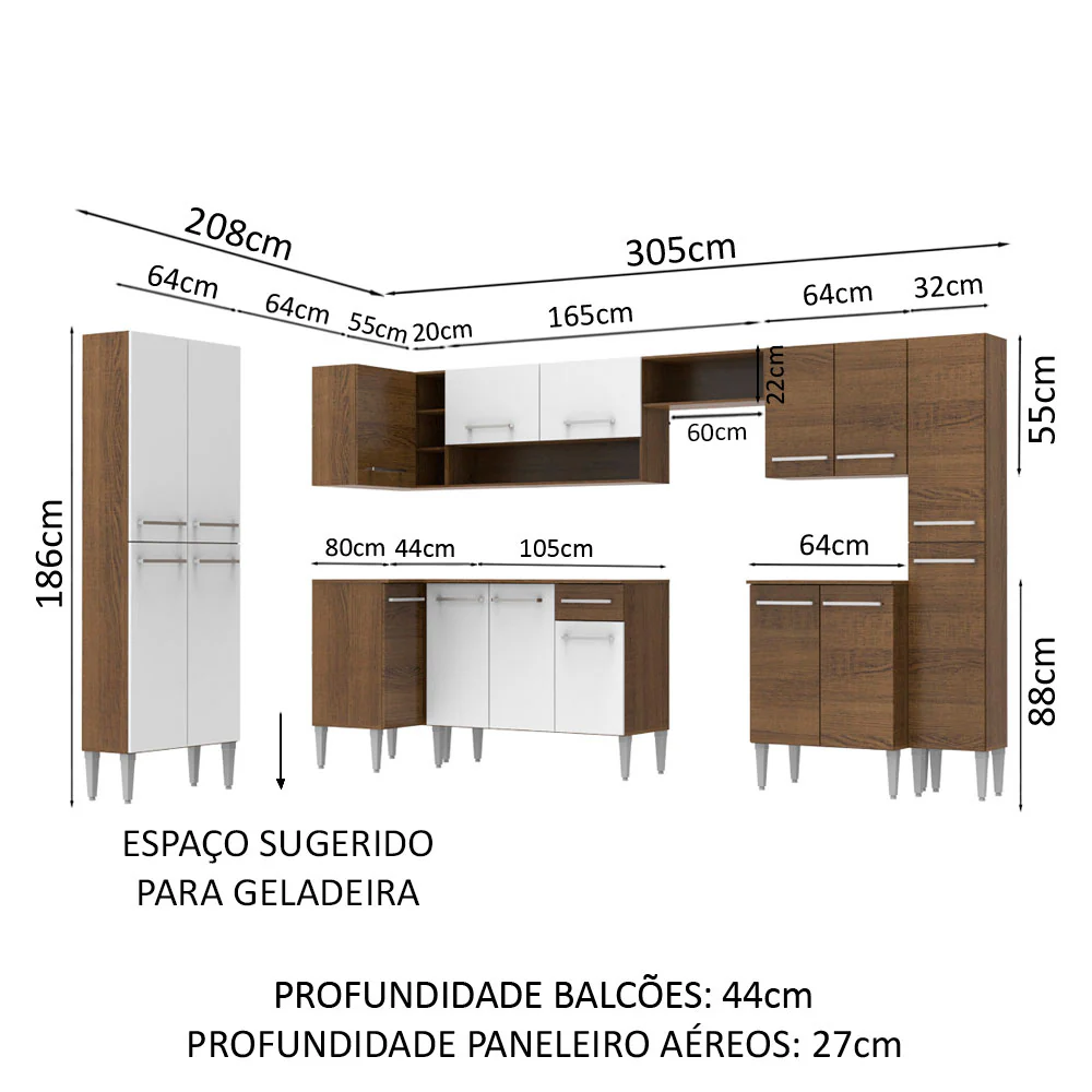 Armário de Cozinha Completa de Canto 513cm Rustic/Branco Emilly Live Madesa 01 - Image 3