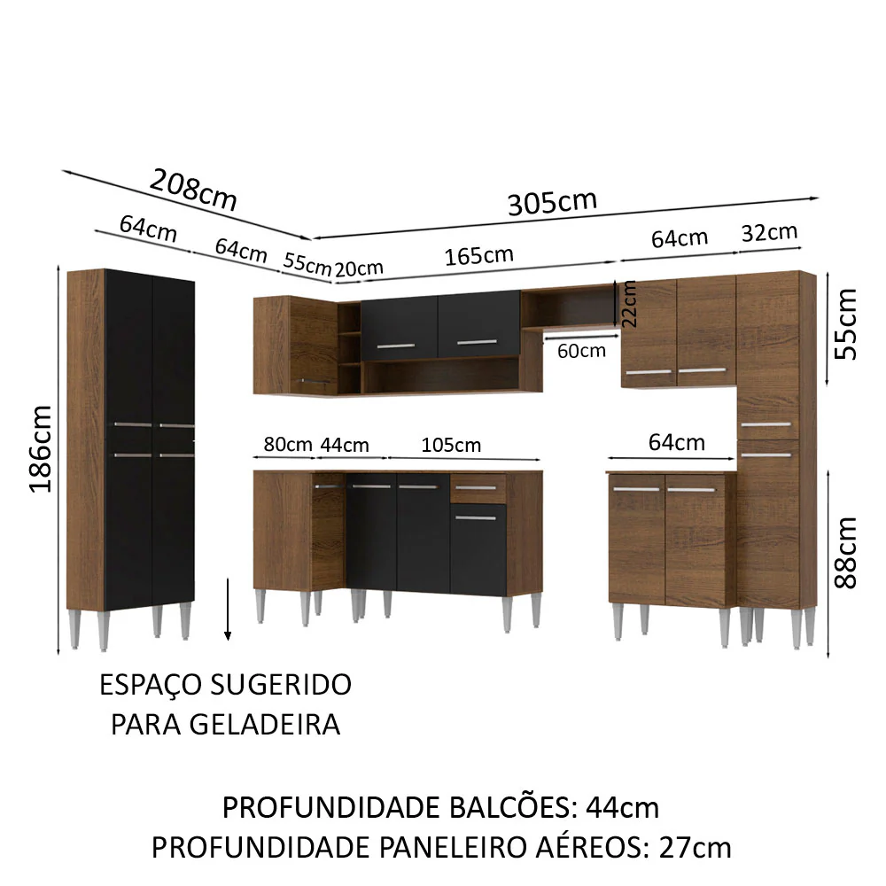 Armário de Cozinha Completa de Canto 513cm Rustic/Preto Emilly Live Madesa 01 - Image 3