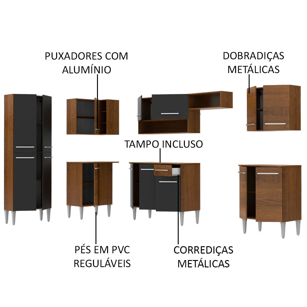 Armário de Cozinha Completa de Canto 481cm Rustic/Preto Emilly Moon Madesa 01 - Image 4