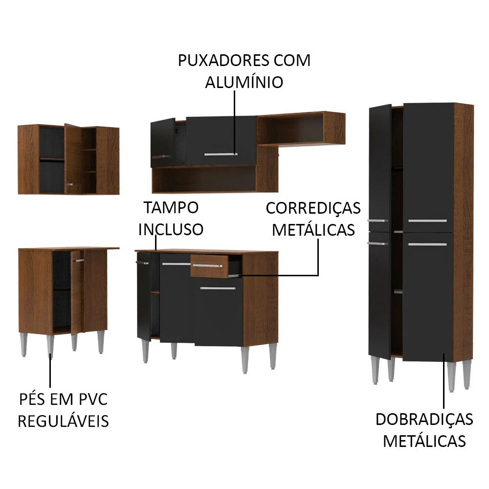 Armário de Cozinha Completa de Canto 353cm Rustic/Preto Emilly Sun Madesa 01 - Image 4