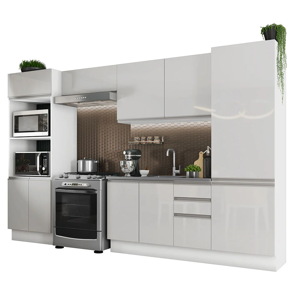 Armário de Cozinha Completa 100% MDF 330cm Frentes Branco Brilho Acordes Madesa 02 - Image 2