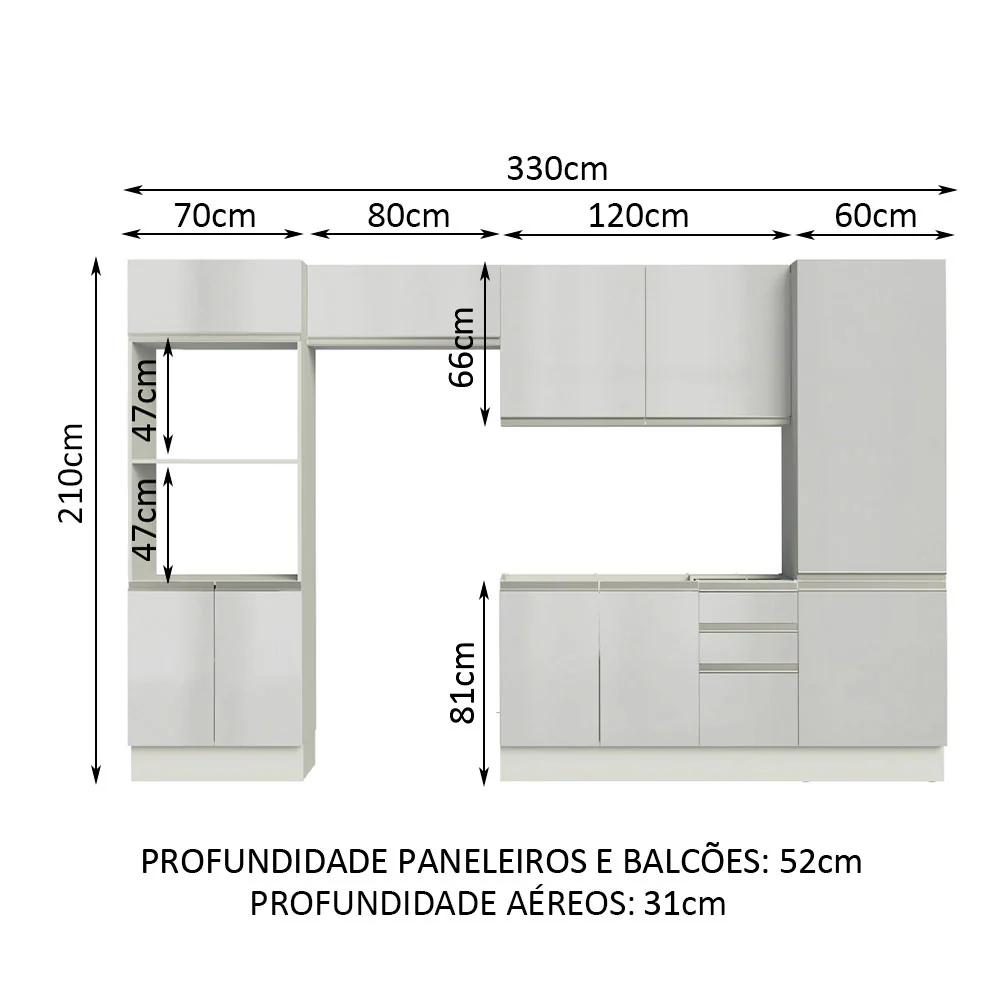 Armário de Cozinha Completa 100% MDF 330cm Frentes Branco Brilho Acordes Madesa 02 - Image 3