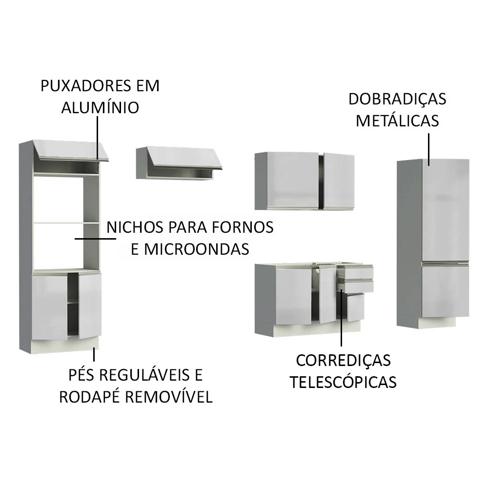 Armário de Cozinha Completa 100% MDF 330cm Frentes Branco Brilho Acordes Madesa 02 - Image 4