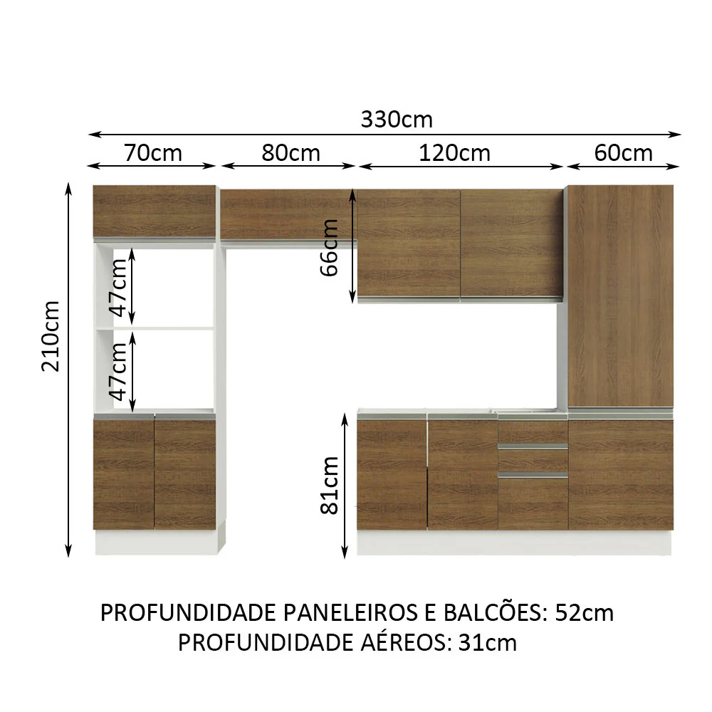 Armário de Cozinha Completa 100% MDF 330cm Rustic/Branco Acordes Madesa 02 - Image 3