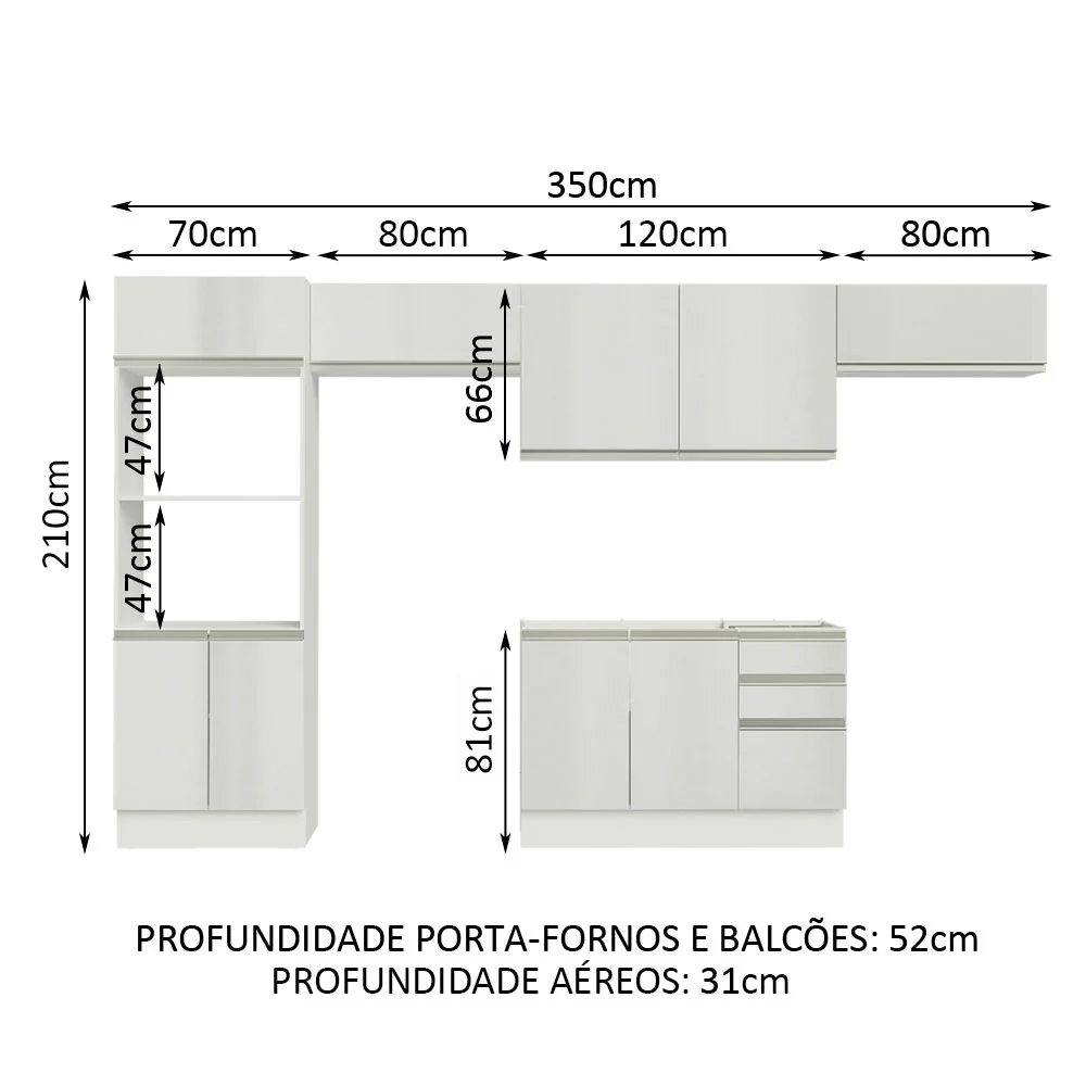 Armário de Cozinha Completa 100% MDF 350cm Frentes Branco Brilho Acordes Madesa 01 - Image 3