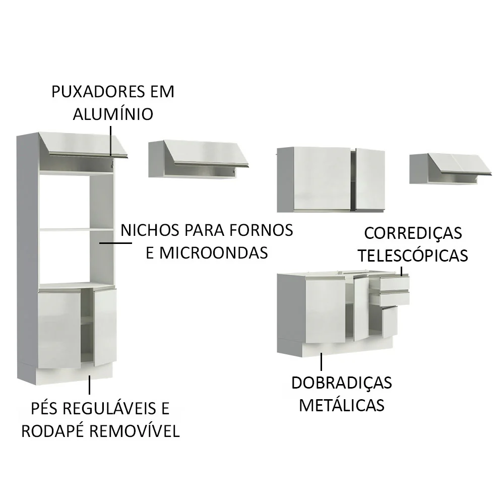 Armário de Cozinha Completa 100% MDF 350cm Frentes Branco Brilho Acordes Madesa 01 - Image 4