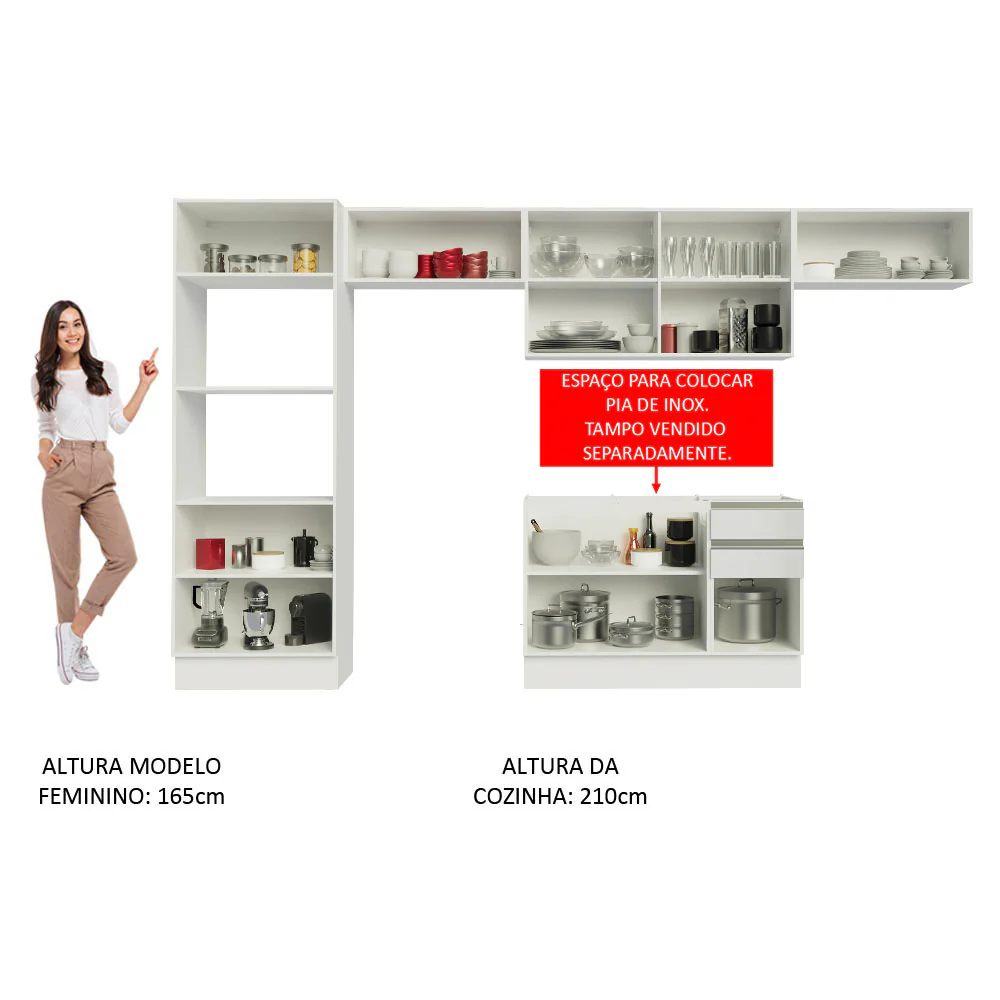 Armário de Cozinha Completa 100% MDF 350cm Frentes Branco Brilho Acordes Madesa 01 - Image 5