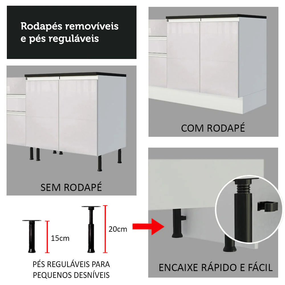 Armário de Cozinha Completa 100% MDF 350cm Frentes Branco Brilho Acordes Madesa 01 - Image 9