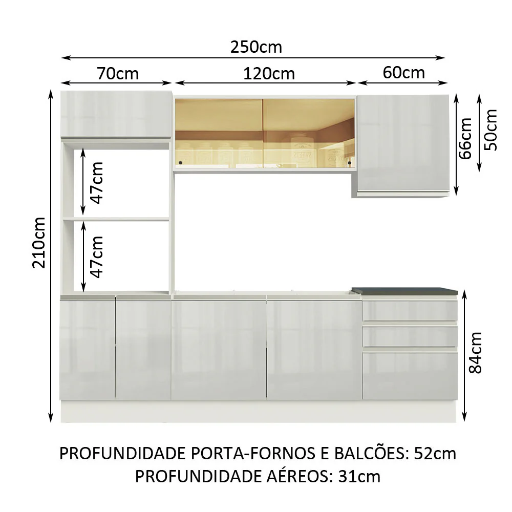 Armário de Cozinha Completa 100% MDF 250cm Frentes Branco Brilho Acordes Madesa 01 - Image 3