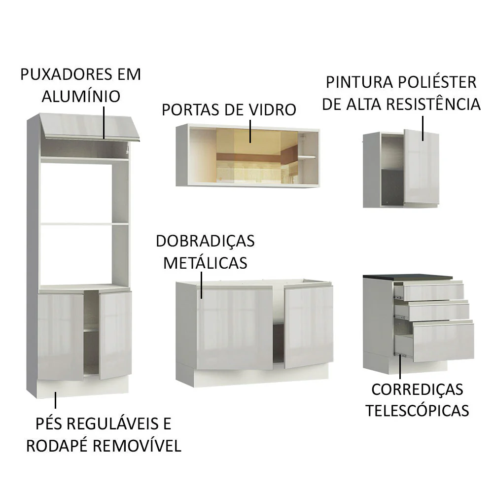 Armário de Cozinha Completa 100% MDF 250cm Frentes Branco Brilho Acordes Madesa 01 - Image 4