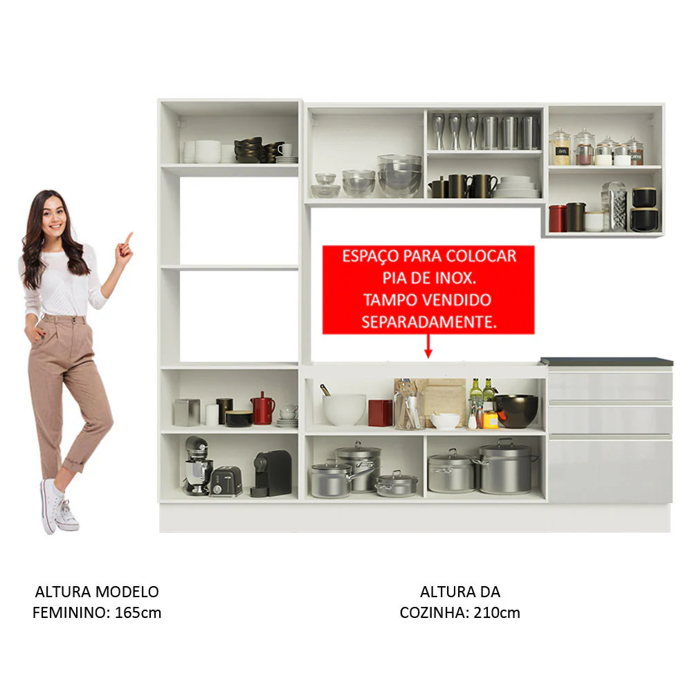 Armário de Cozinha Completa 100% MDF 250cm Frentes Branco Brilho Acordes Madesa 01 - Image 5