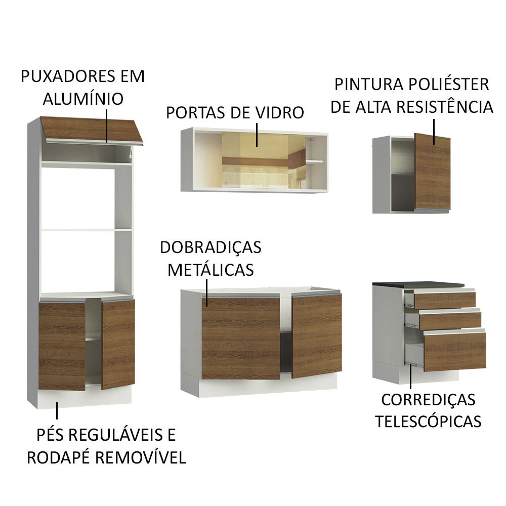 Armário de Cozinha Completa 100% MDF 250cm Branco/Rustic Acordes Madesa 01 - Image 4