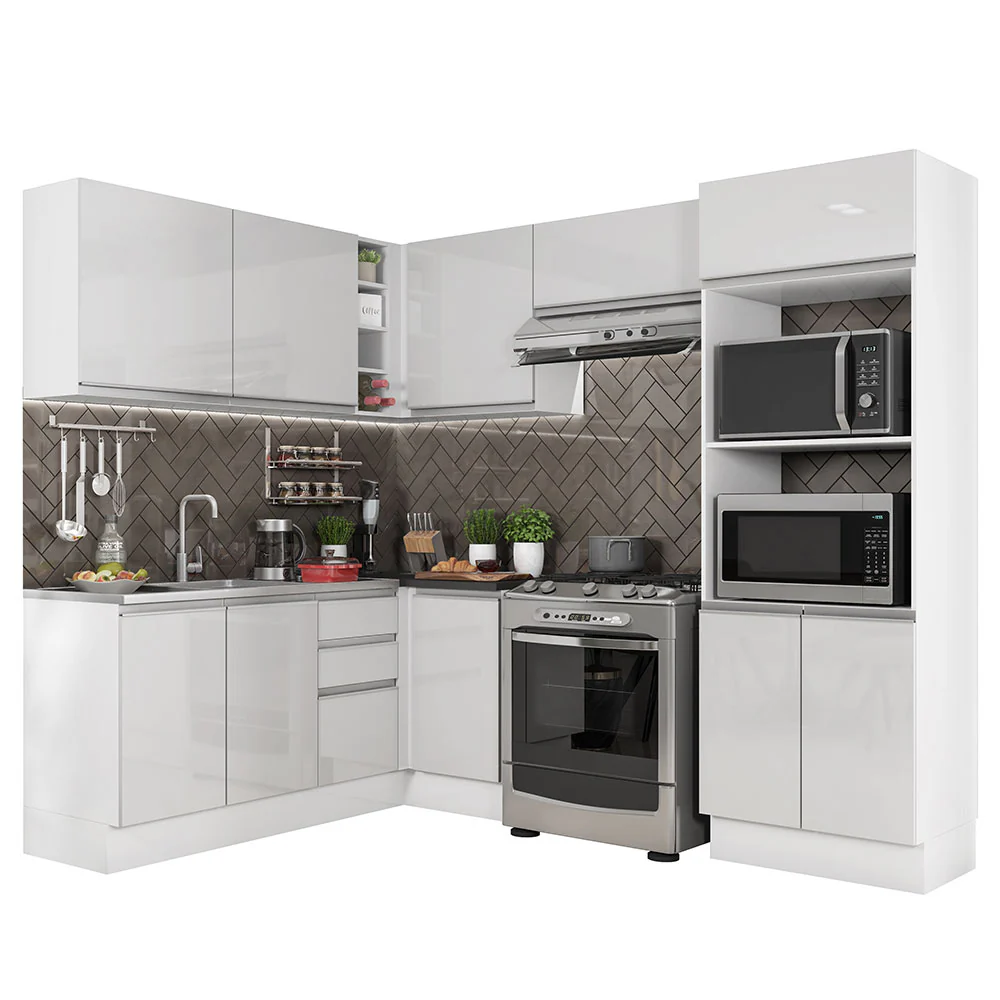 Armário de Cozinha Completa de Canto 100% MDF 419cm Frentes Branco Brilho Acordes Madesa 01 - Image 2