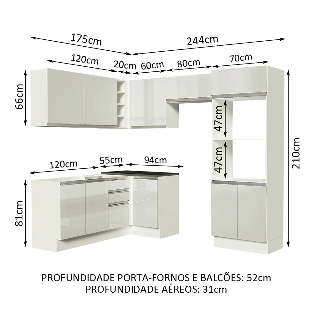 Armário de Cozinha Completa de Canto 100% MDF 419cm Frentes Branco Brilho Acordes Madesa 01 - Image 3