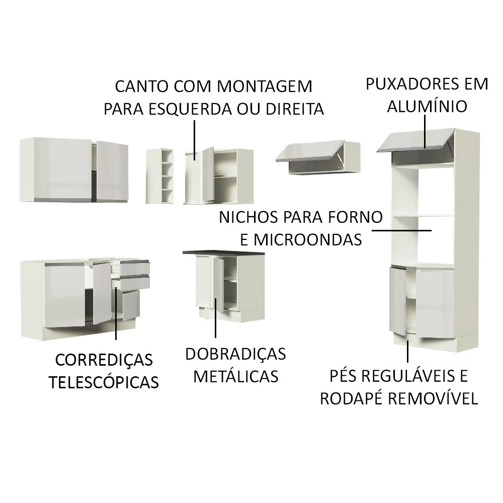 Armário de Cozinha Completa de Canto 100% MDF 419cm Frentes Branco Brilho Acordes Madesa 01 - Image 4